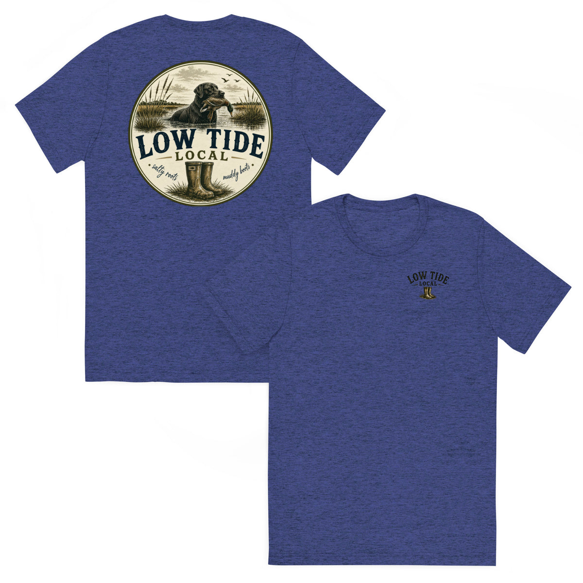 Low Tide Local Marsh Retriever Tee in Navy triblend — front and back view