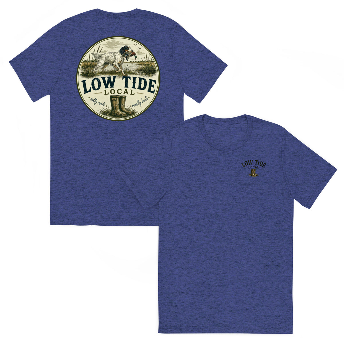 Low Tide Local English Setter Tee in Navy triblend — front and back view