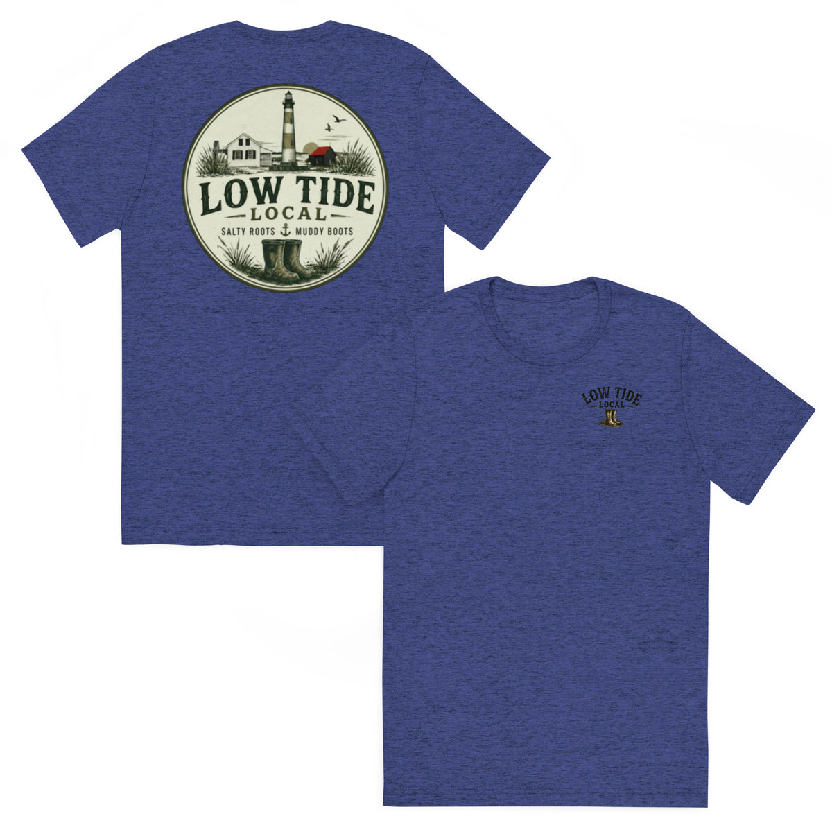 Tybee Island Lighthouse Tee in Navy triblend — front and back view