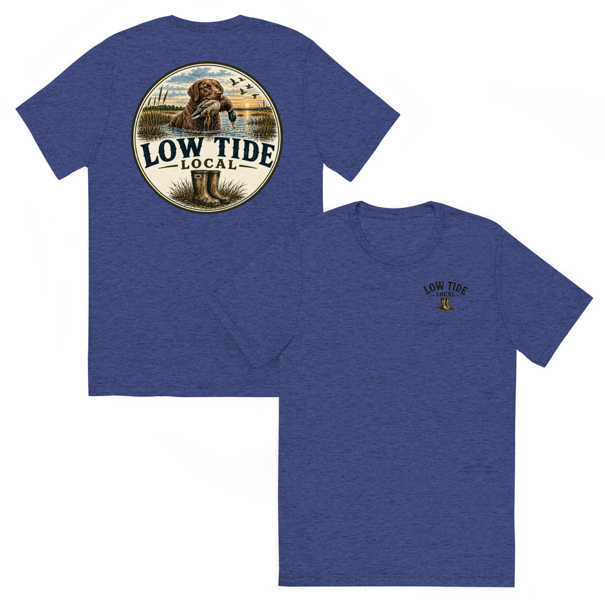 Low Tide Local Boykin Watch Tee in Navy triblend — front and back view