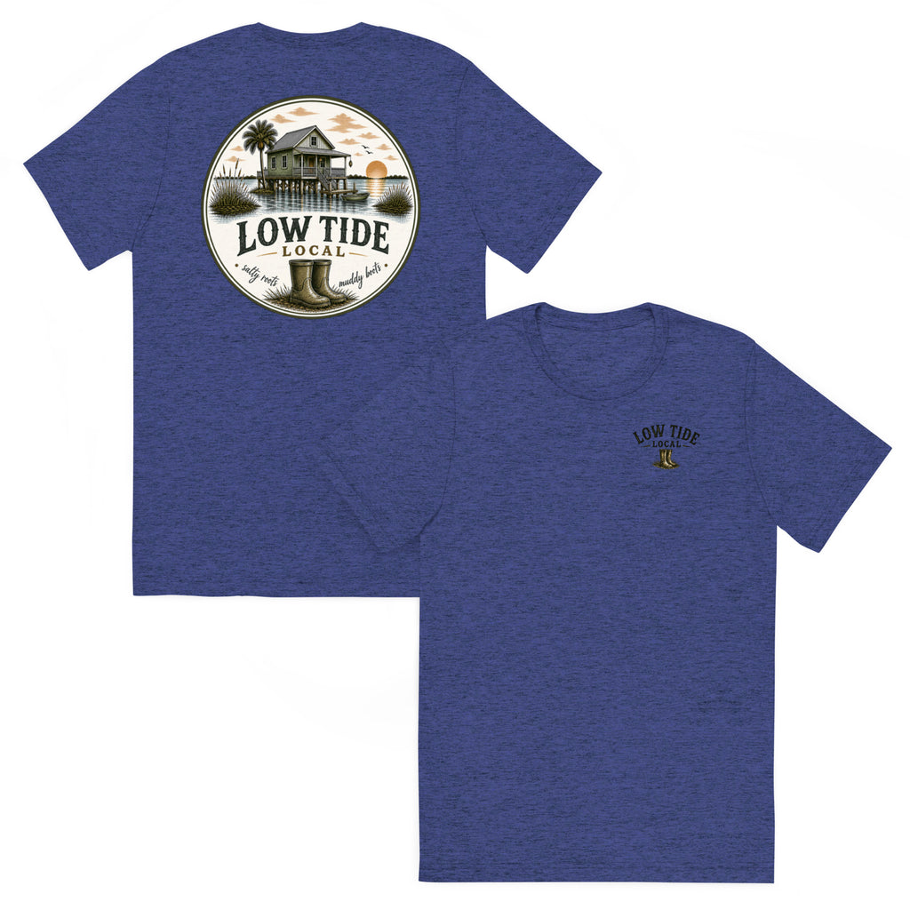 Low Tide Local Fish Camp Tee in Navy triblend — front and back view