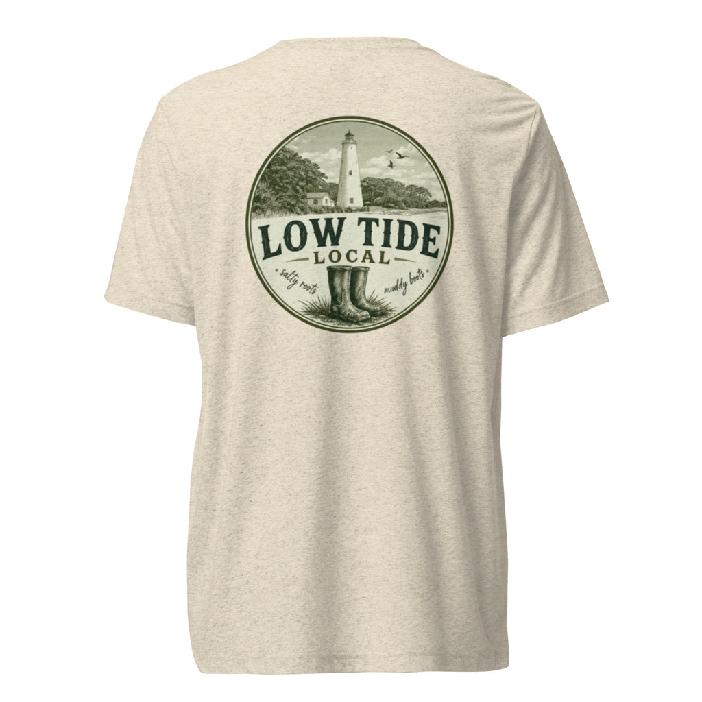 Ocracoke Lighthouse Tee in Oatmeal triblend — back view