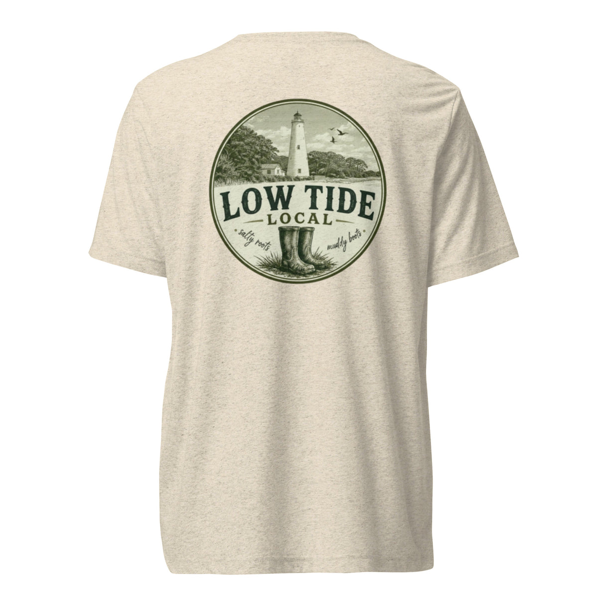 Ocracoke Lighthouse Tee in Oatmeal triblend — back view