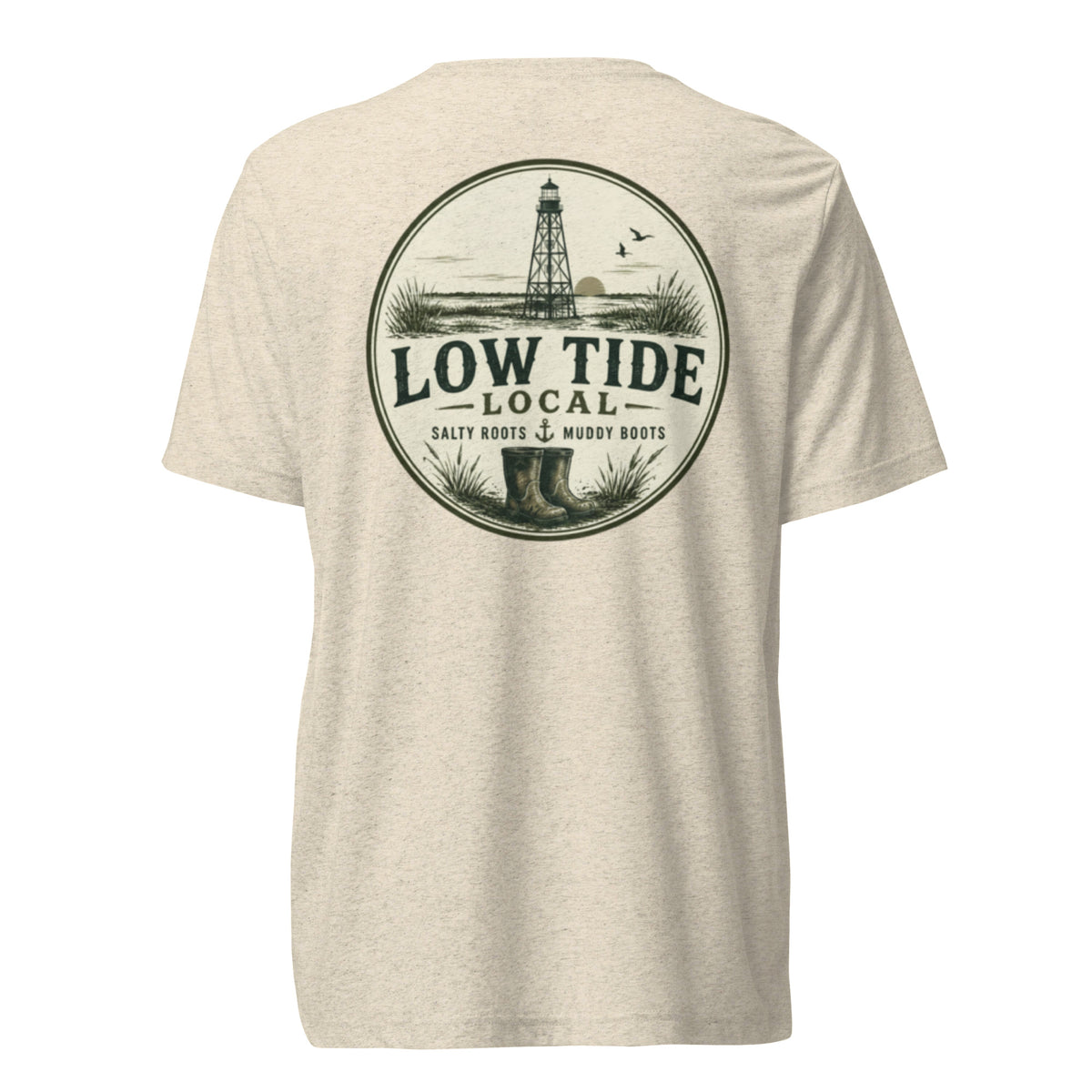 Alligator Reef Lighthouse Tee in Oatmeal triblend — back view