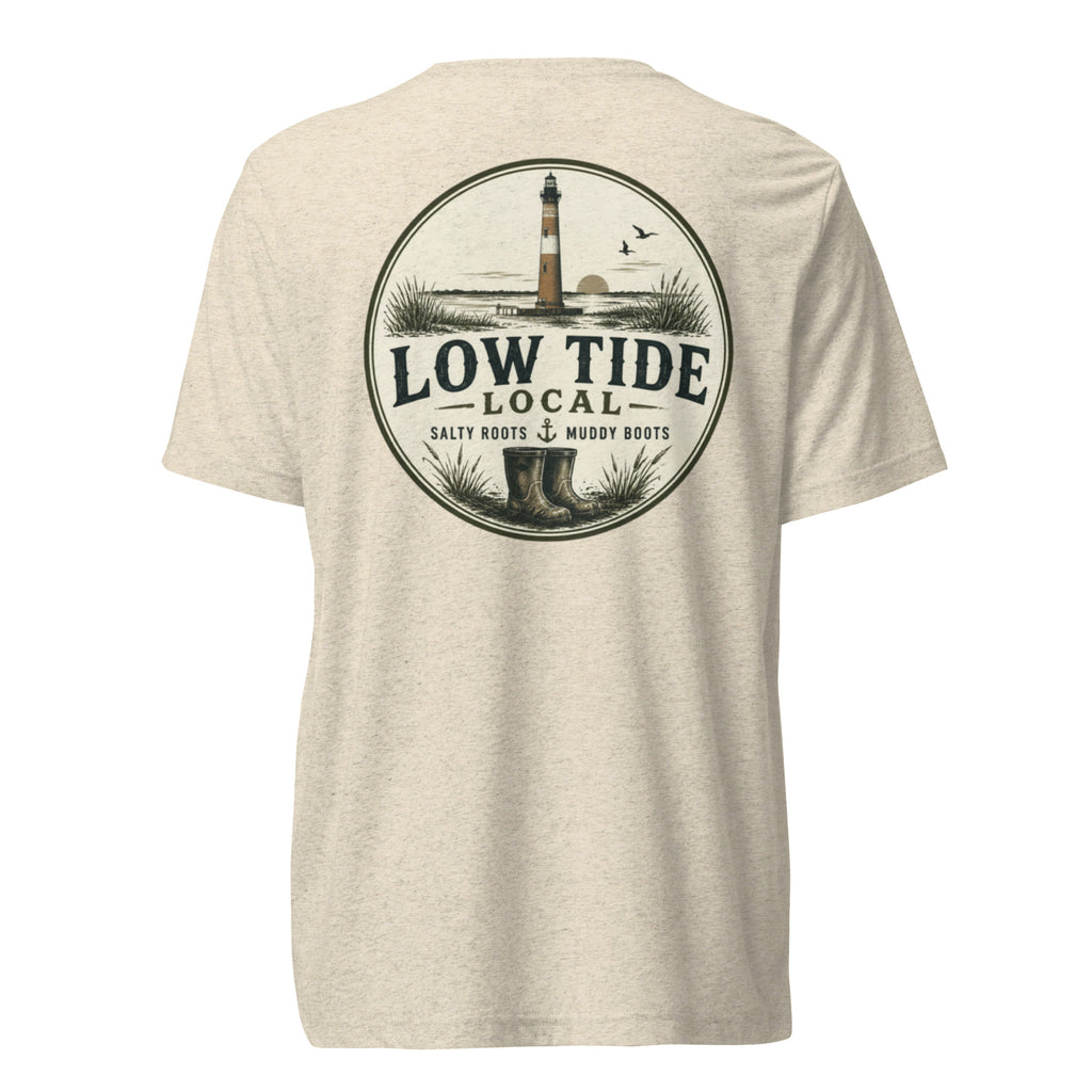 Morris Island Lighthouse Tee in Oatmeal triblend — back view