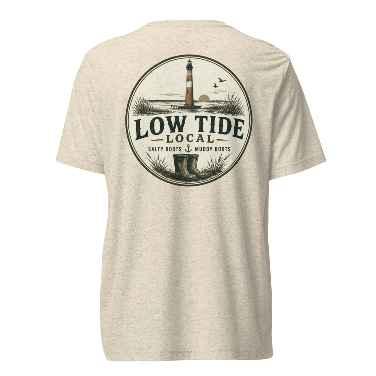 Morris Island Lighthouse Tee in Oatmeal triblend — back view