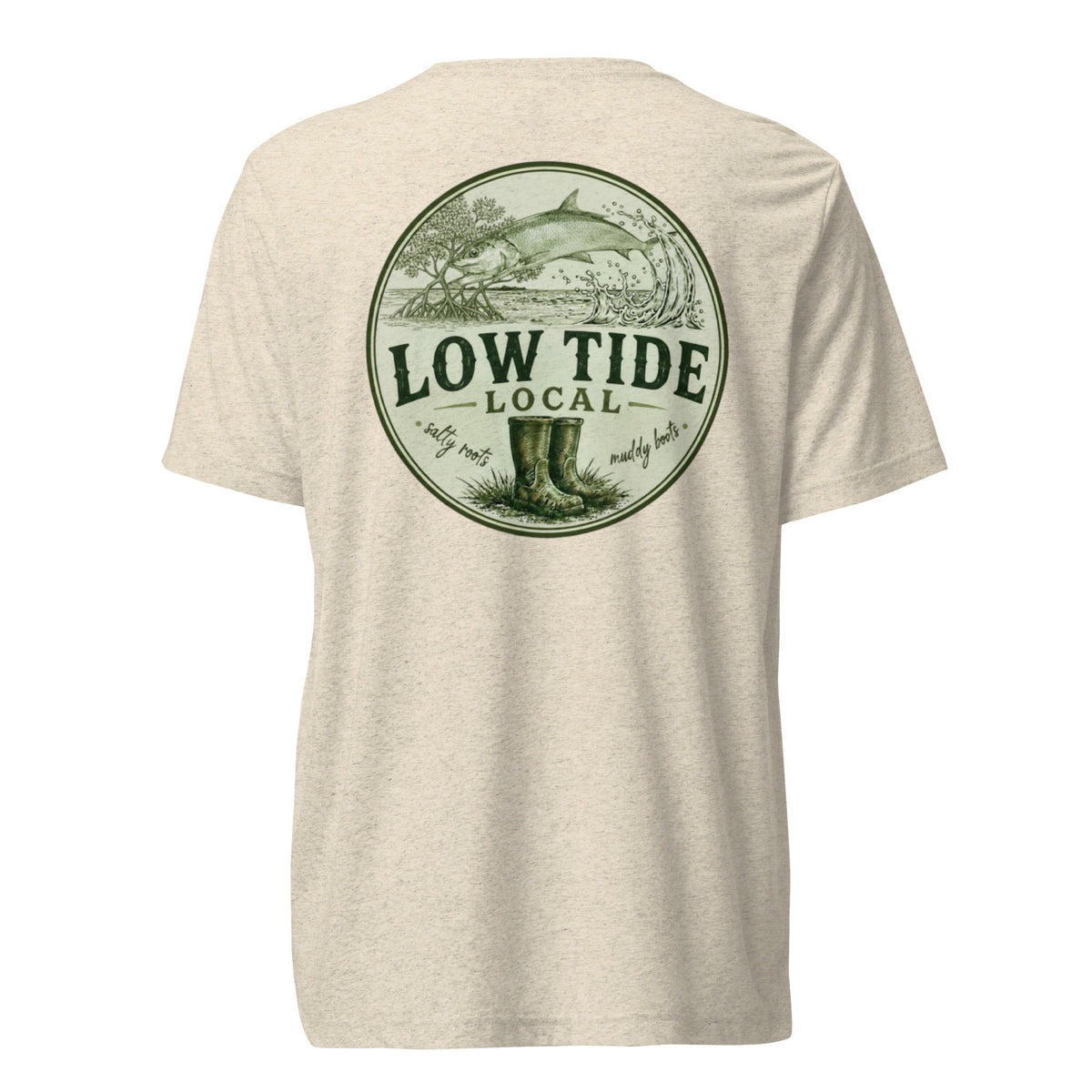 Low Tide Local Silver King Tee in Oatmeal triblend — back view