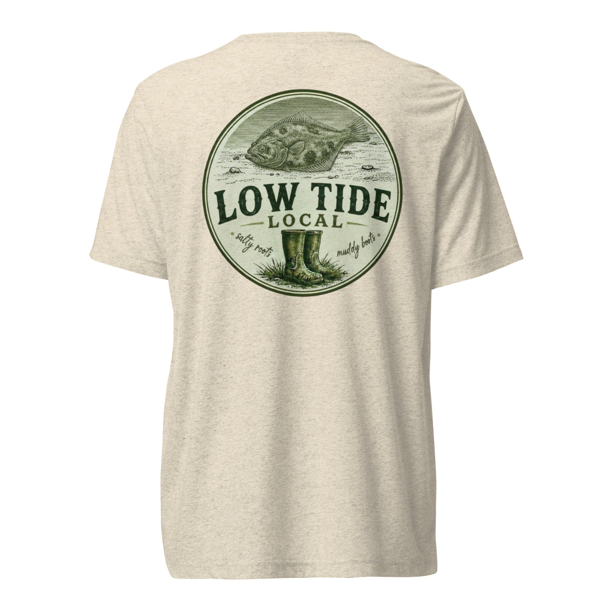 Low Tide Local Coastal Flounder Tee in Oatmeal triblend — back view