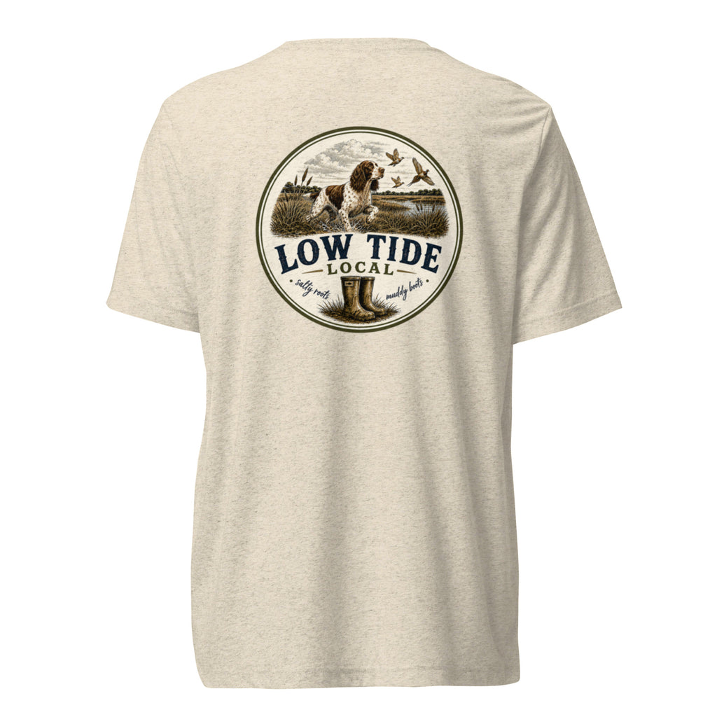 Low Tide Local Springer Flush Tee in Oatmeal triblend — back view