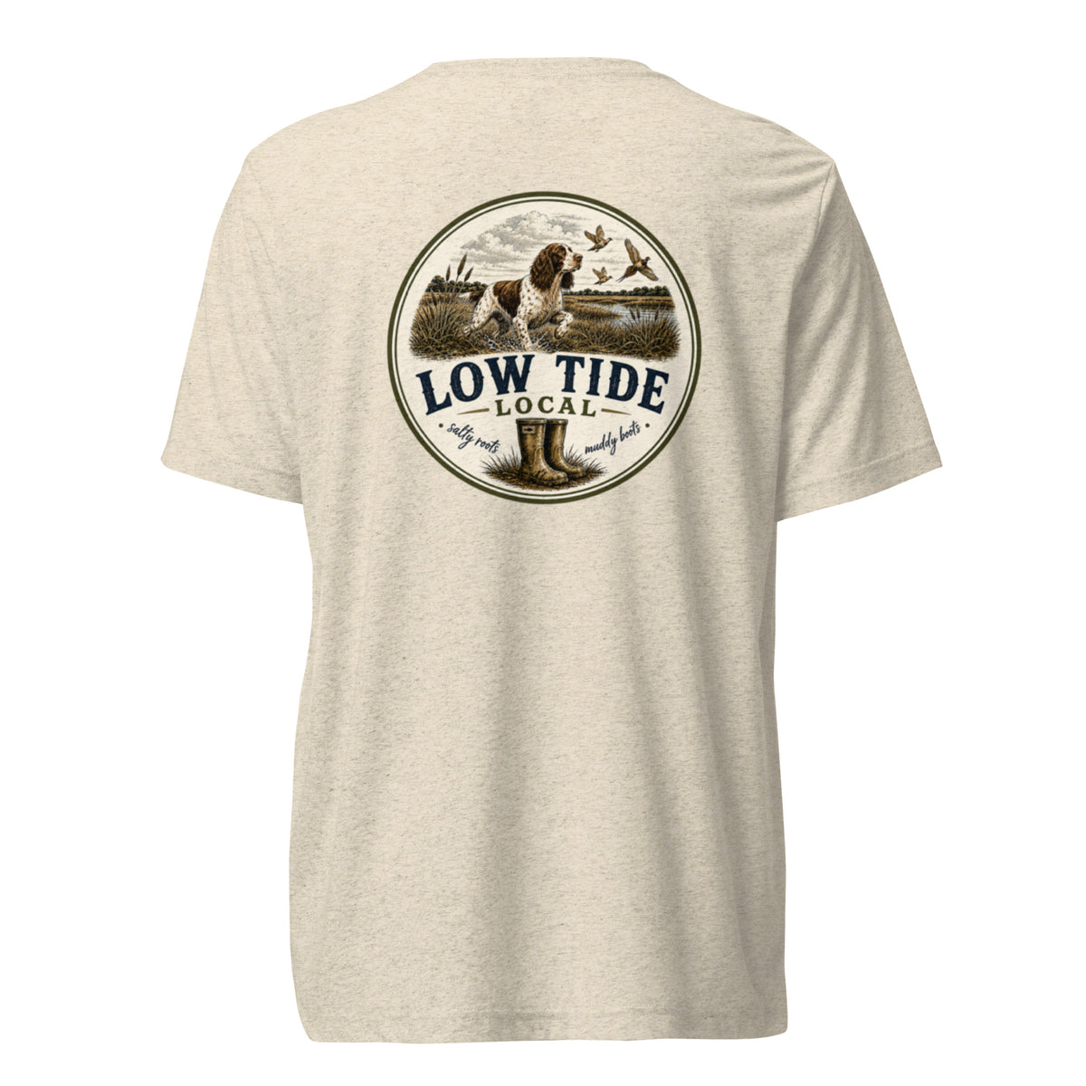 Low Tide Local Springer Flush Tee in Oatmeal triblend — back view