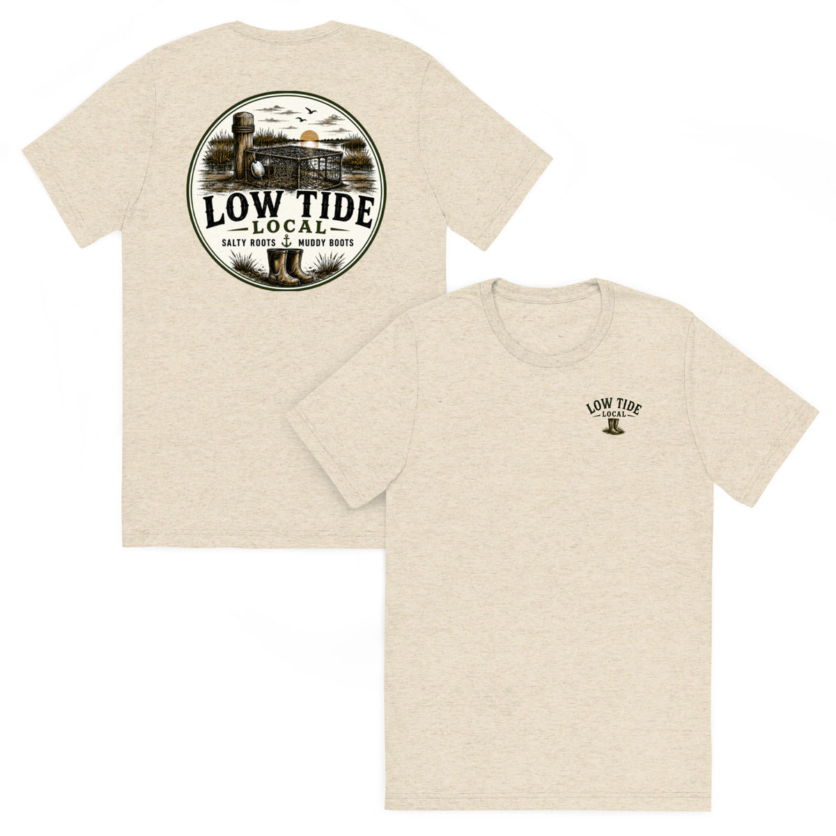 The Low Tide Local Crab Trap Tee in Oatmeal triblend — front and back view