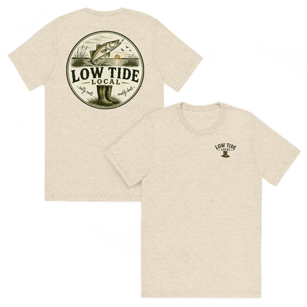 Low Tide Local Snook Strike Tee in Oatmeal triblend — front and back view