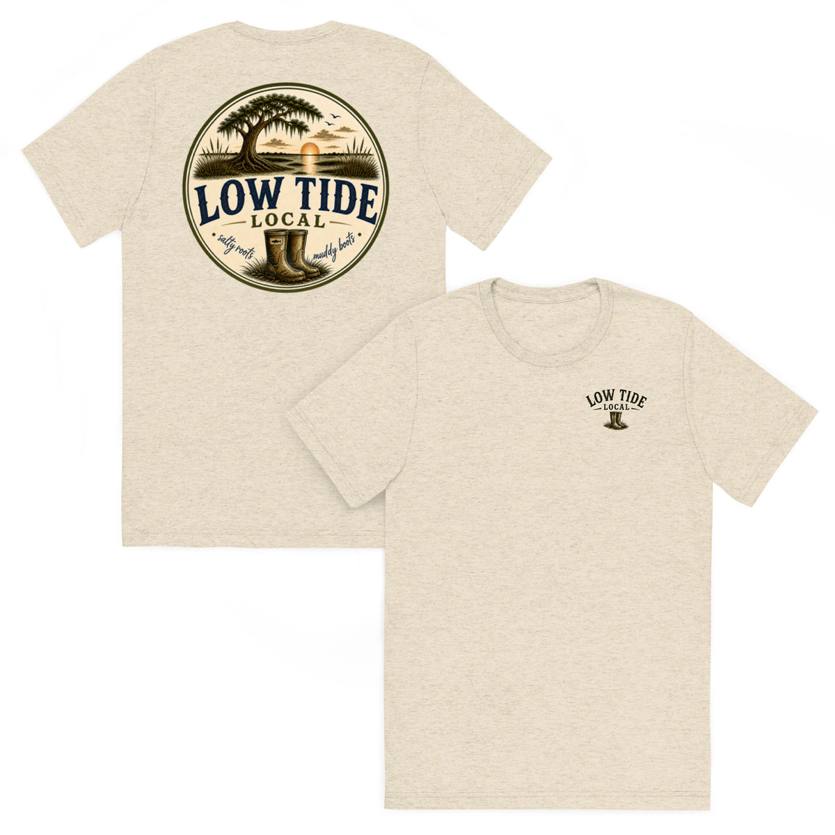 Low Tide Local Live Oak Marsh Tee in Oatmeal triblend — front and back view