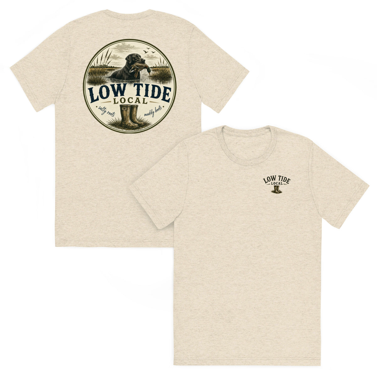 Low Tide Local Marsh Retriever Tee in Oatmeal triblend — front and back view