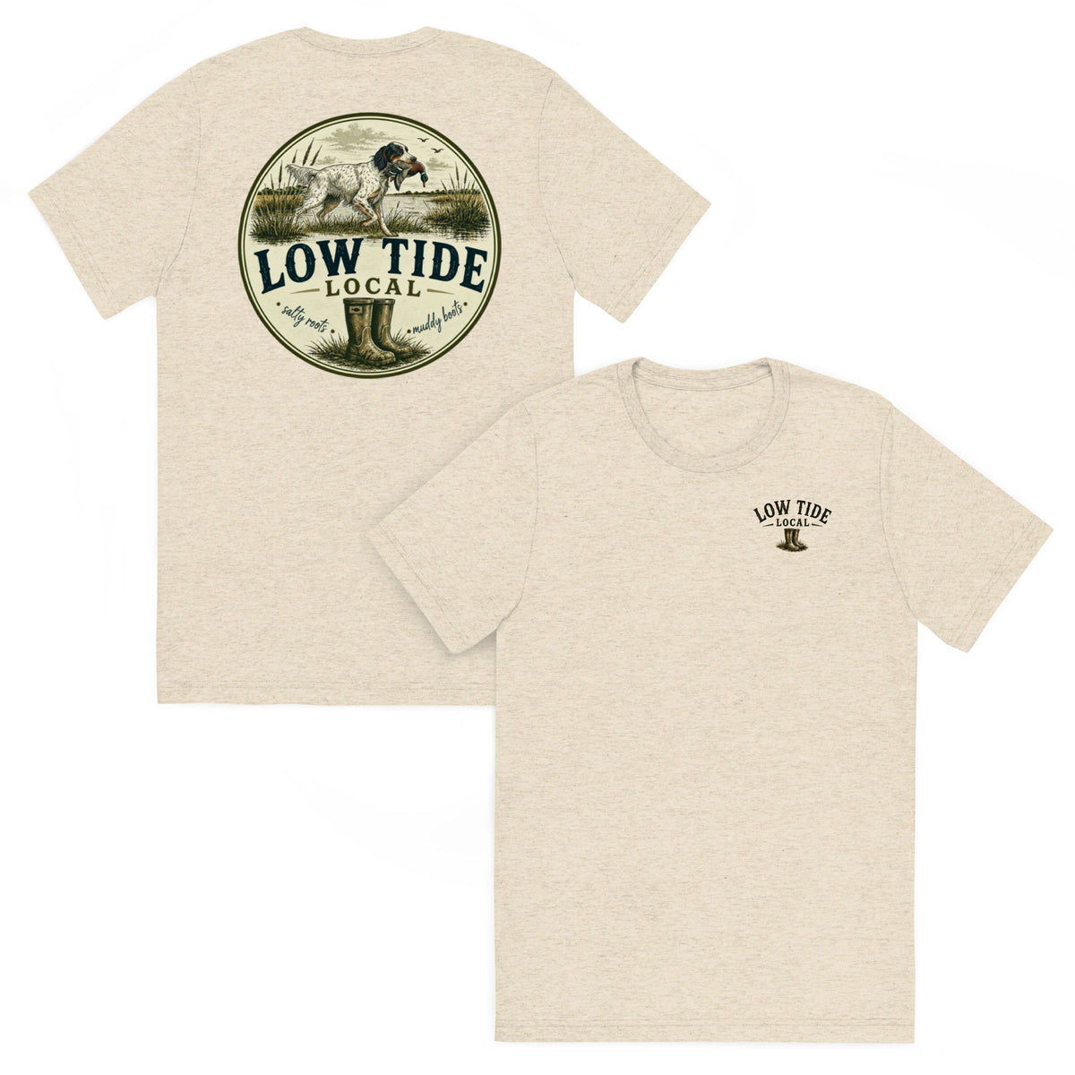 Low Tide Local English Setter Tee in Oatmeal triblend — front and back view