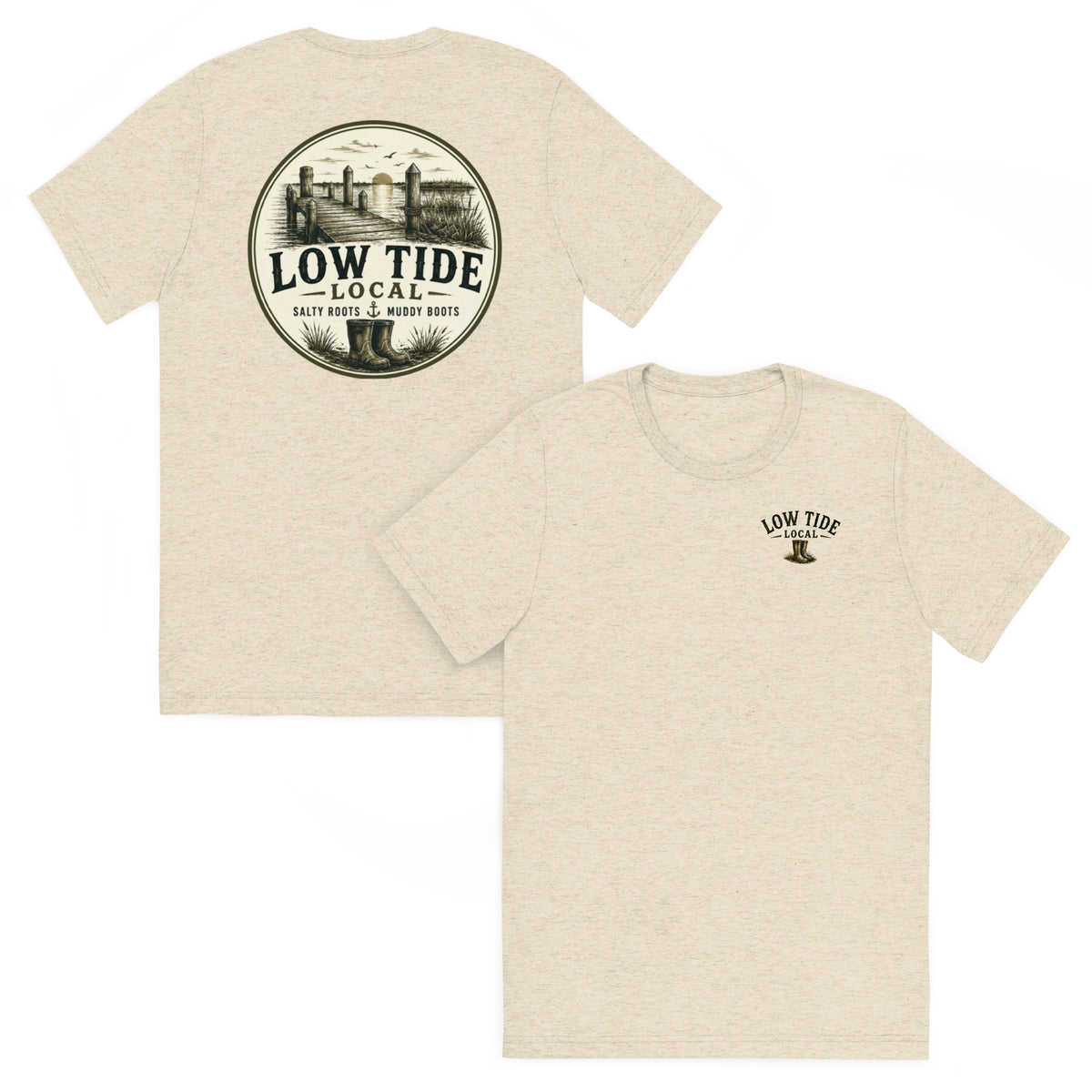 Low Tide Local Marsh Pointer Tee in Oatmeal triblend — front and back view