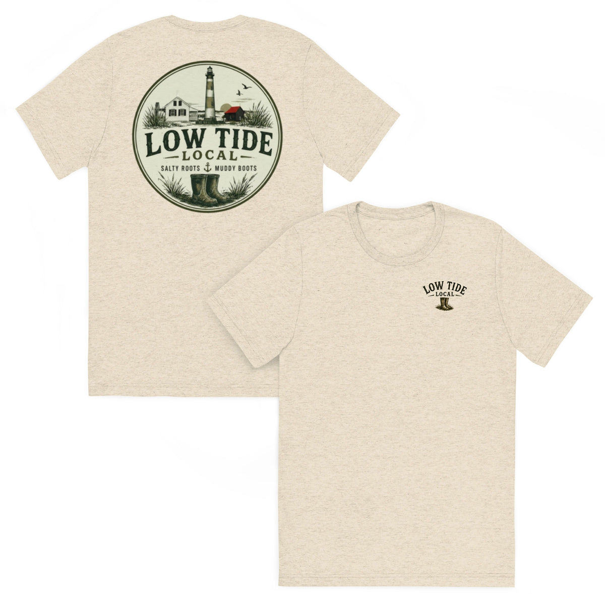 Tybee Island Lighthouse Tee in Oatmeal triblend — front and back view