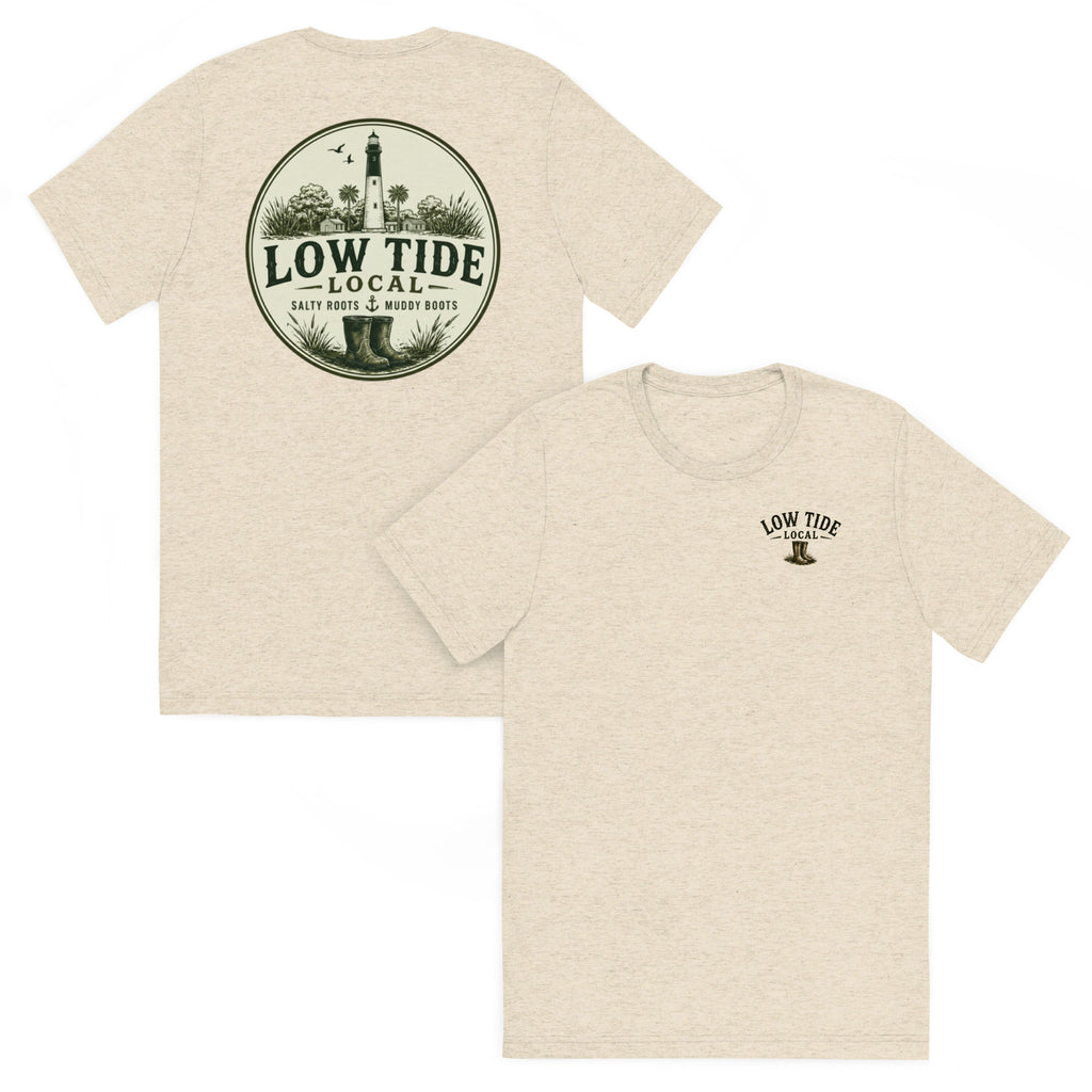 Hunting Island Lighthouse Tee in Oatmeal triblend — front and back view