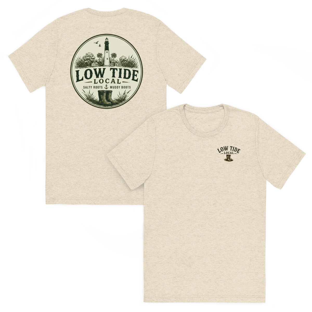 Hunting Island Lighthouse Tee in Oatmeal triblend — front and back view