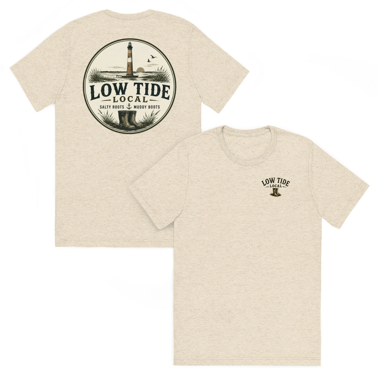 Morris Island Lighthouse Tee in Oatmeal triblend — front and back view