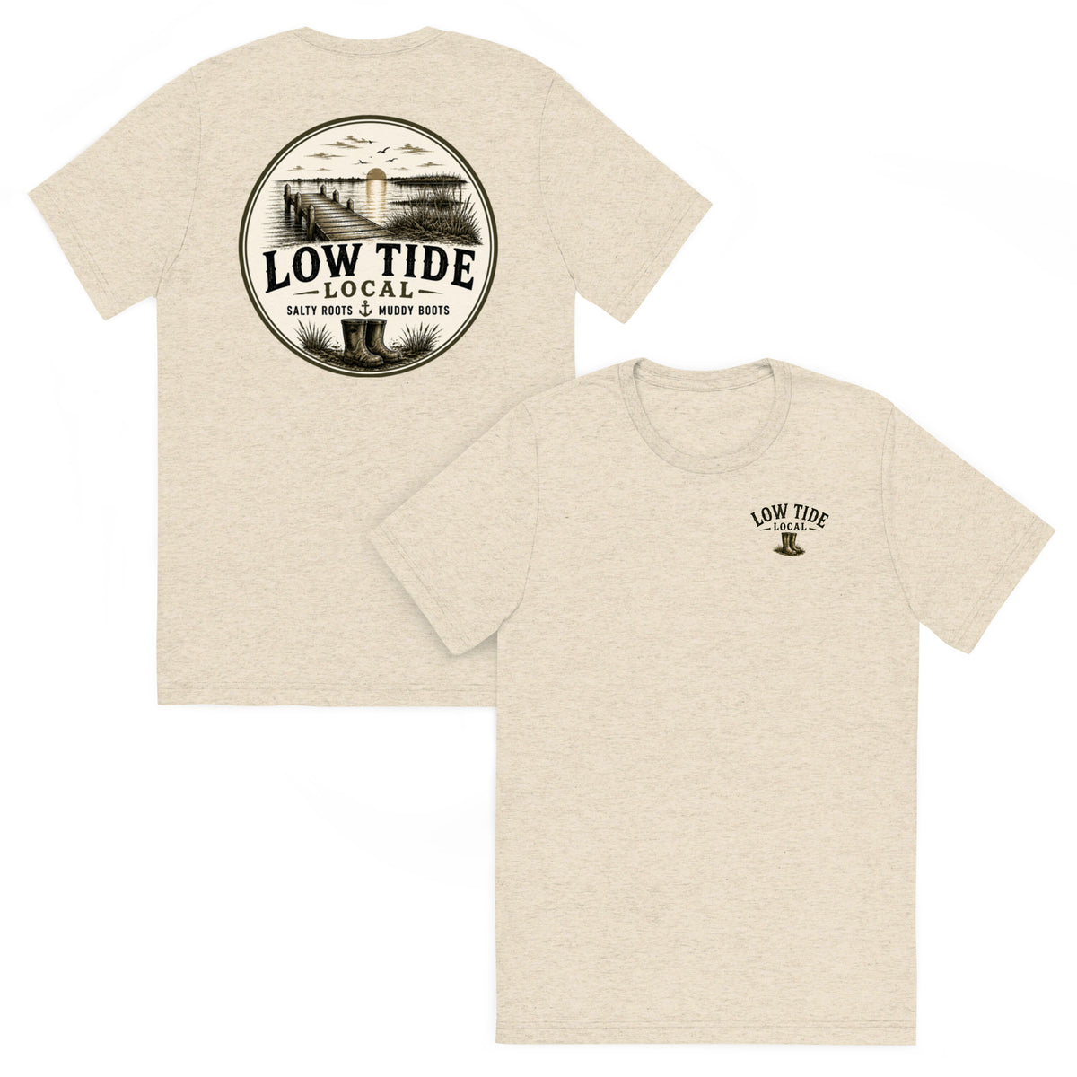 Low Tide Local Marsh Dock Tee in Oatmeal triblend — front and back view