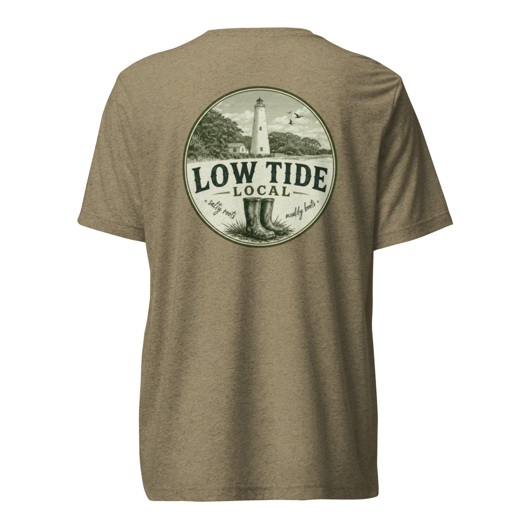 Ocracoke Lighthouse Tee in Olive triblend — back view