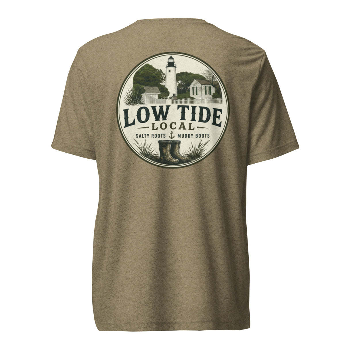 Key West Lighthouse Tee in Olive triblend — back view