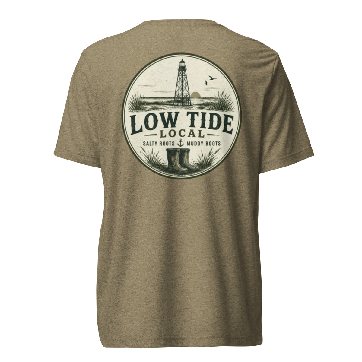 Alligator Reef Lighthouse Tee in Olive triblend — back view