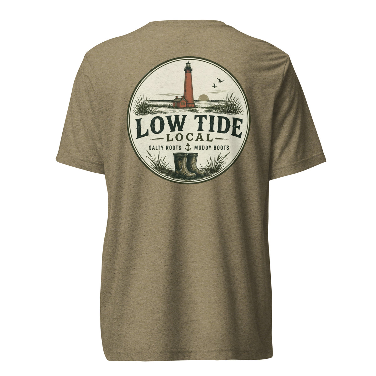 Currituck Beach Lighthouse Tee in Olive triblend — back view