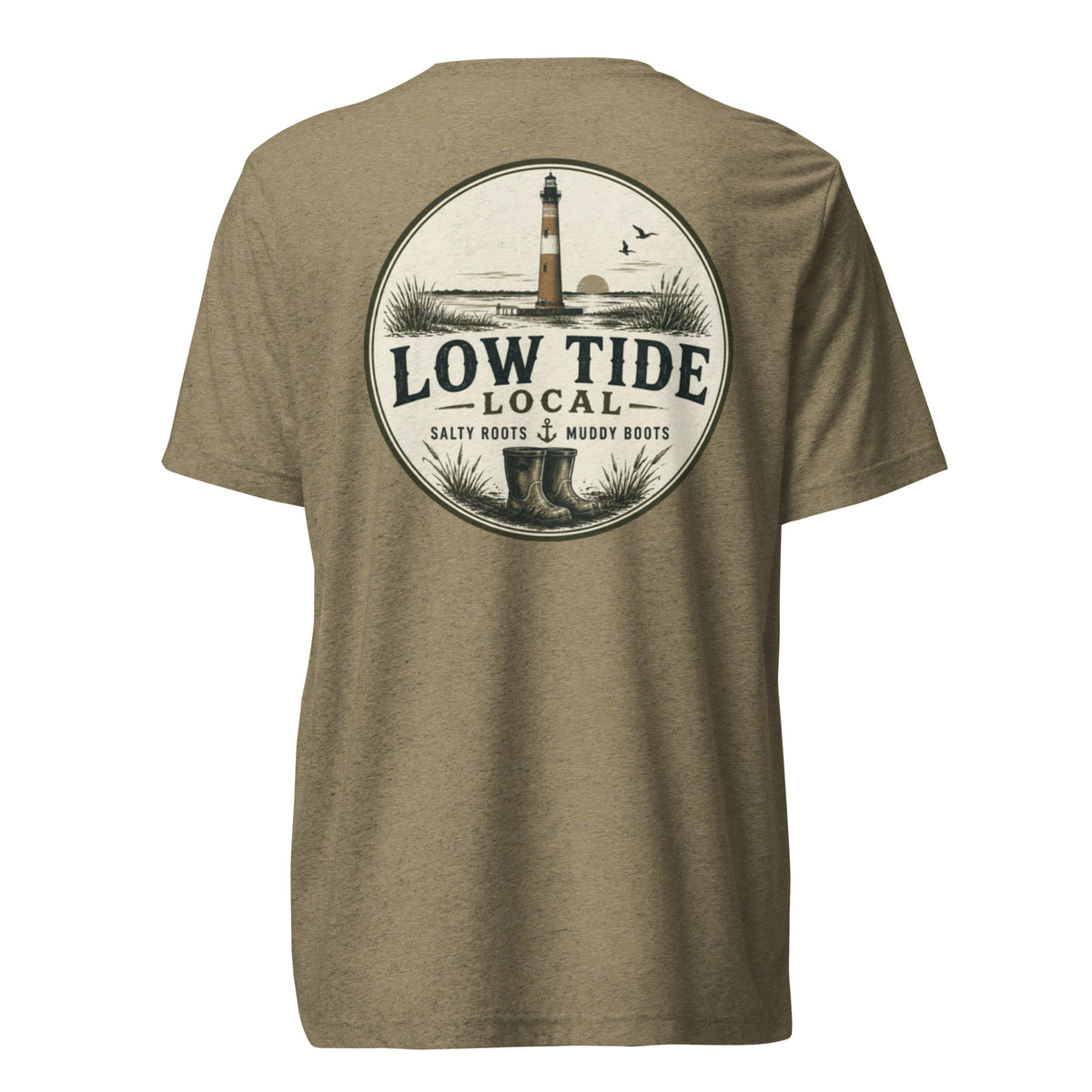 Morris Island Lighthouse Tee in Olive triblend — back view