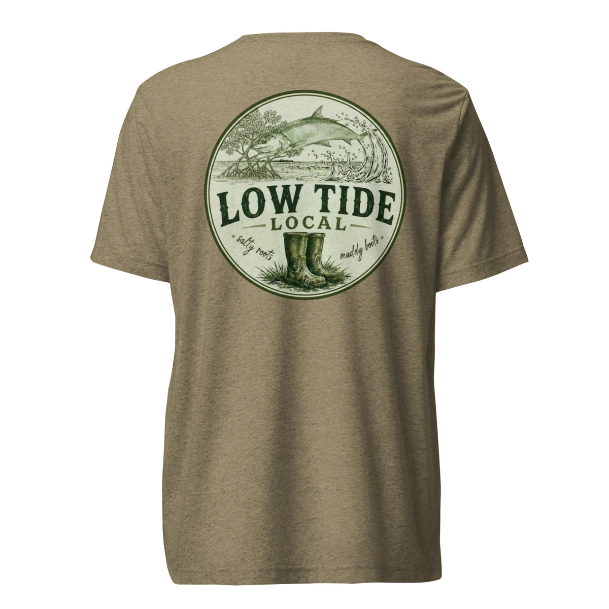 Low Tide Local Silver King Tee in Olive triblend — back view
