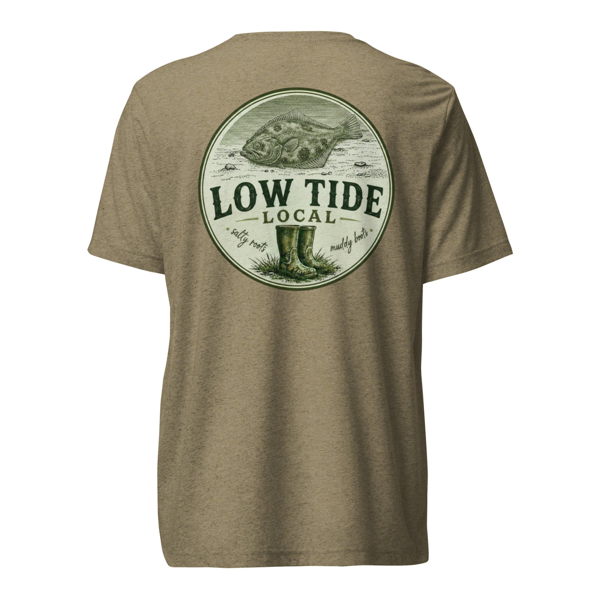 Low Tide Local Coastal Flounder Tee in Olive triblend — back view