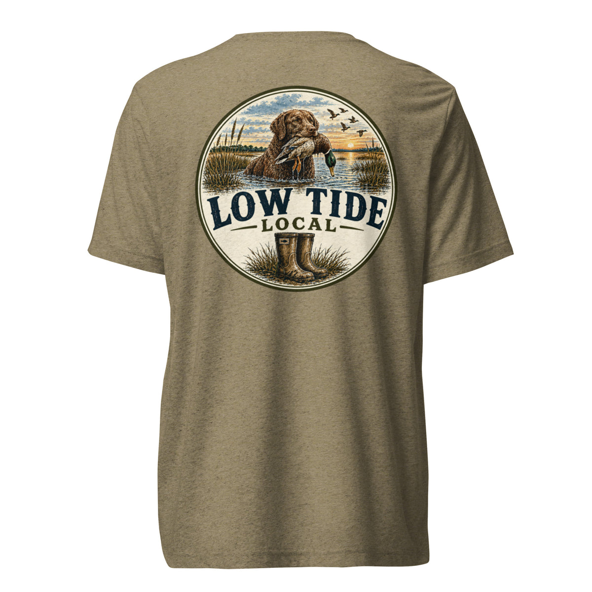 Low Tide Local Boykin Watch Tee in Olive triblend — back view