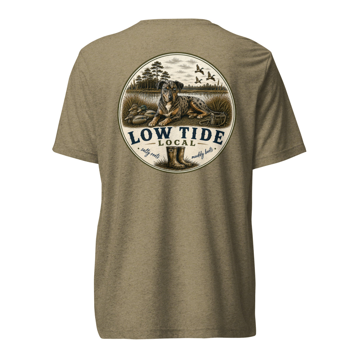 Low Tide Local Catahoula Tee in Olive triblend — back view