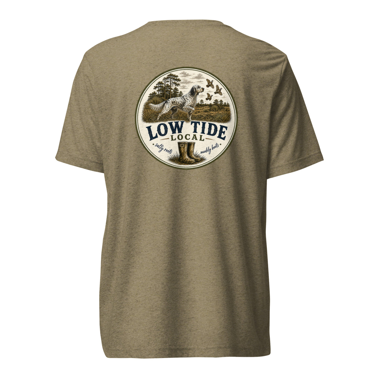Low Tide Local Setter's Stand Tee in Olive triblend — back view