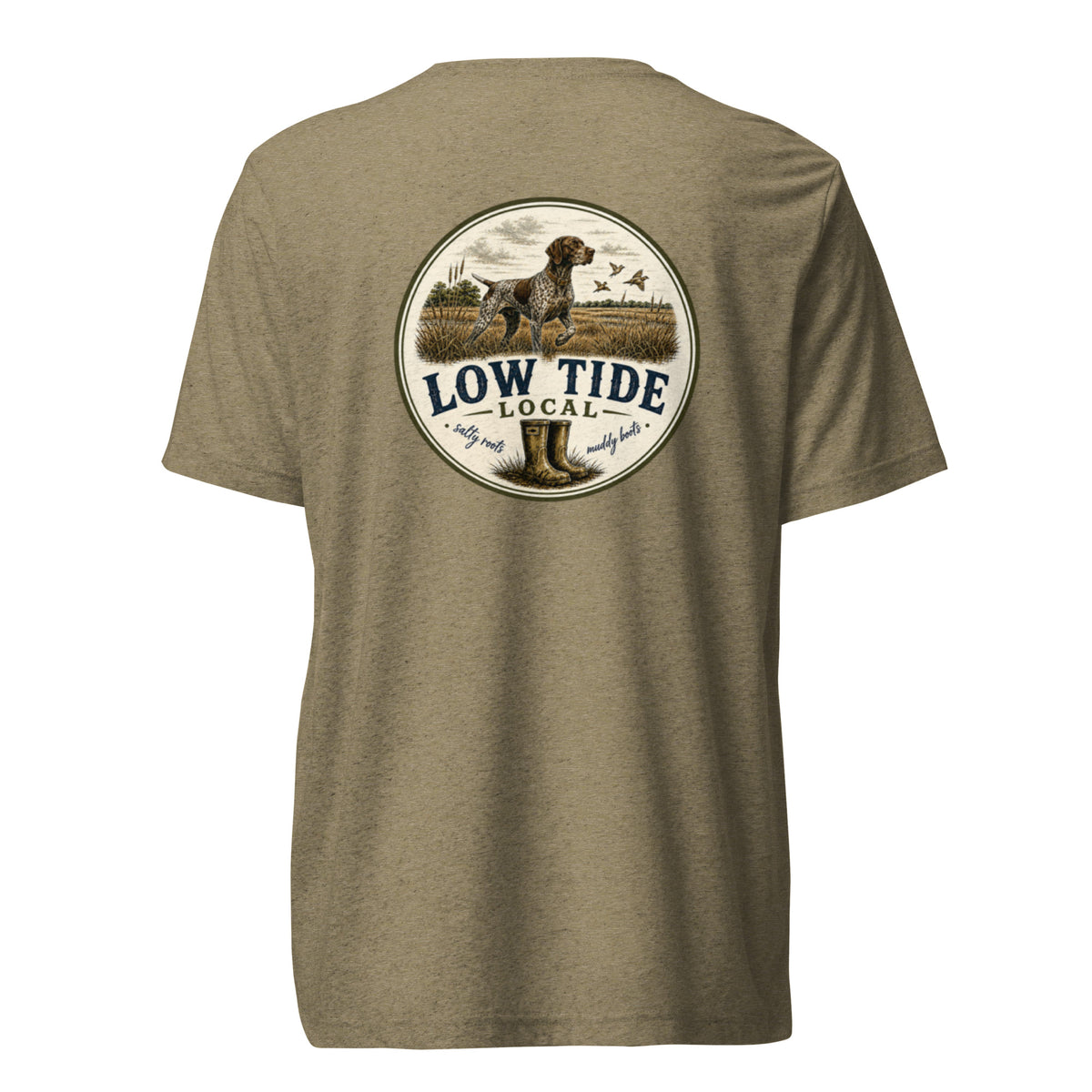 Low Tide Local Shorthair Pointer Tee in Olive triblend — back view