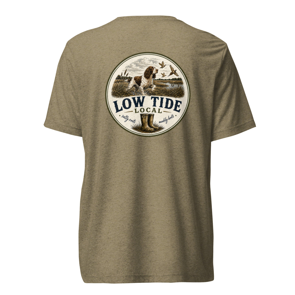 Low Tide Local Springer Flush Tee in Olive triblend — back view