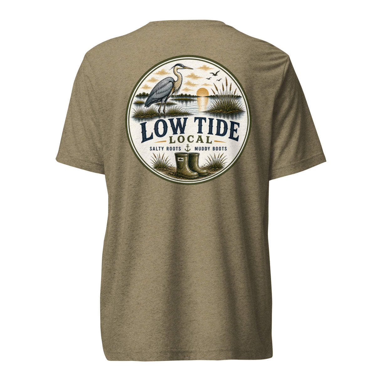 Low Tide Local Heron Tee in Olive triblend — back view