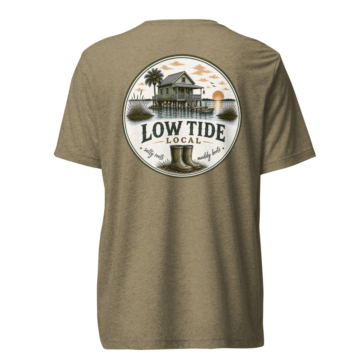 Low Tide Local Fish Camp Tee in Olive triblend — back view