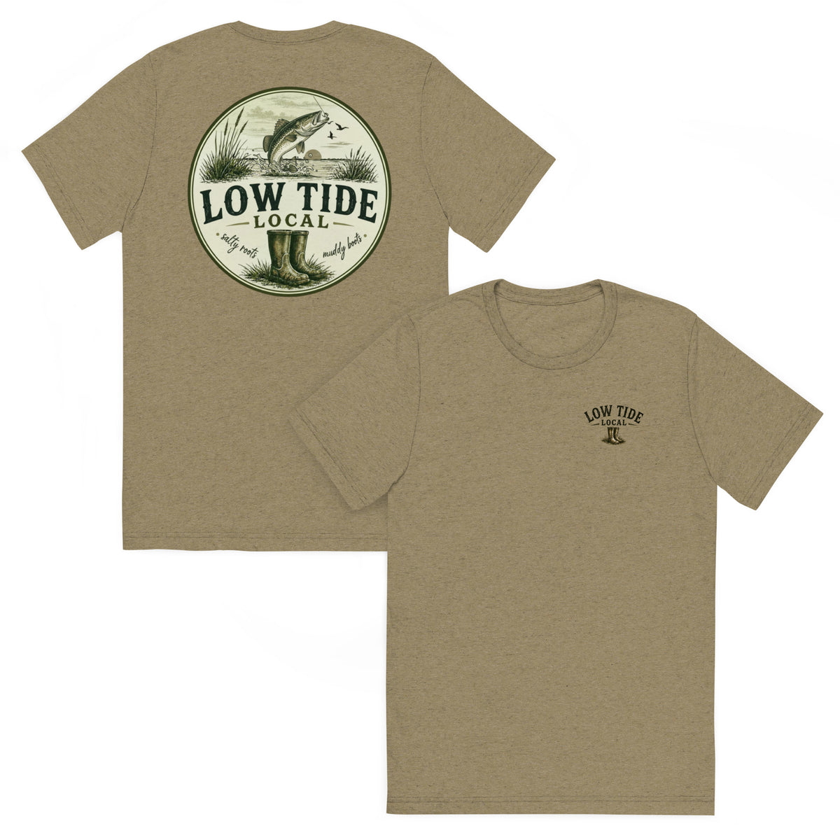 Low Tide Local Speckled Trout Tee in Olive triblend — front and back view