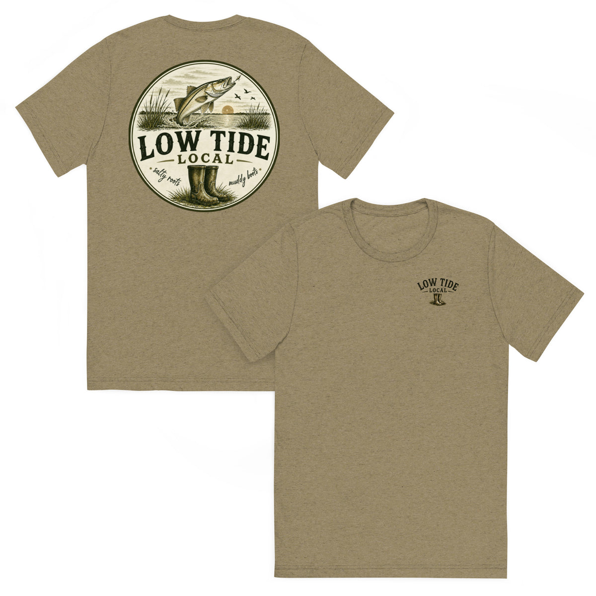 Low Tide Local Snook Strike Tee in Olive triblend — front and back view
