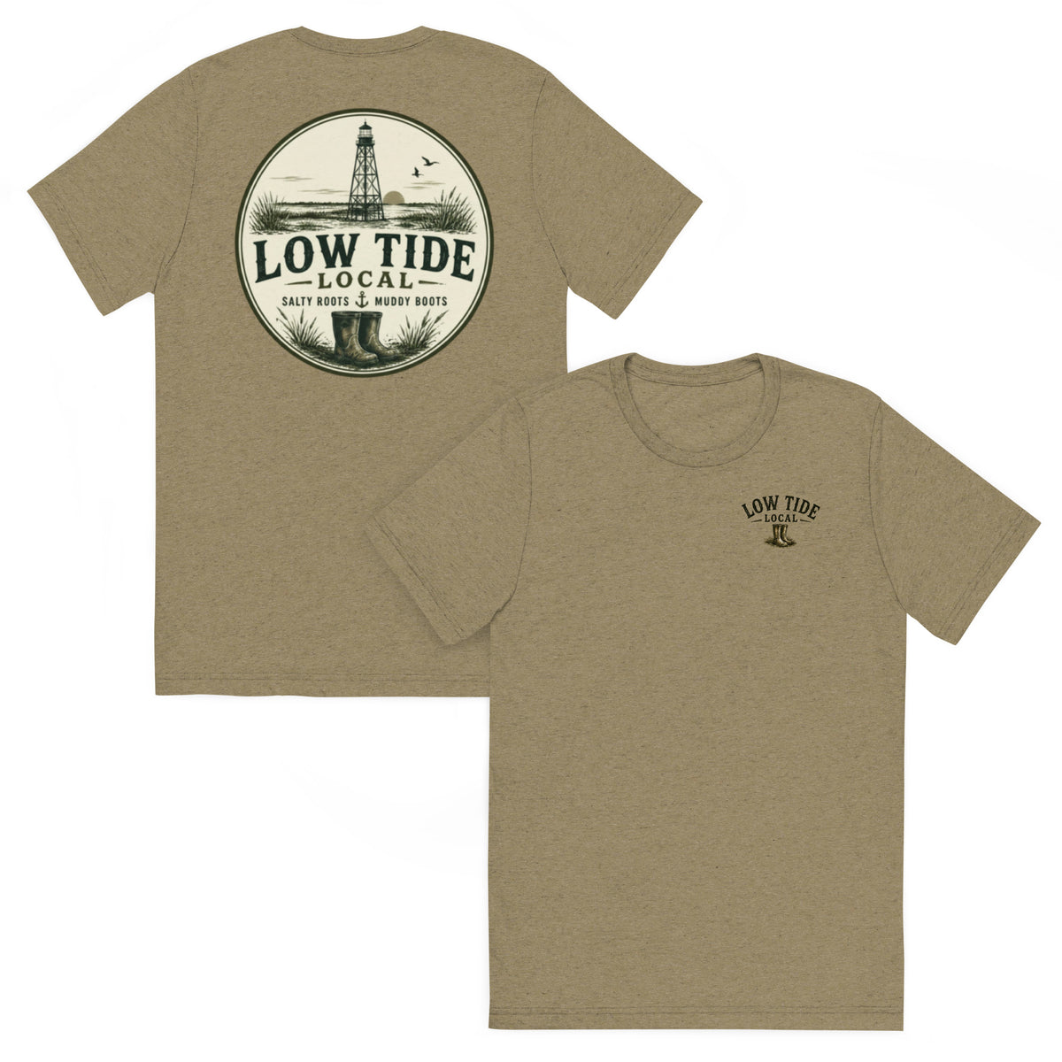 Alligator Reef Lighthouse Tee in Olive triblend — front and back view