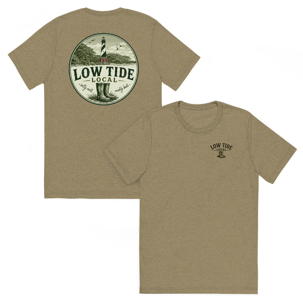 Cape Hatteras Lighthouse Tee in Olive triblend — front and back view