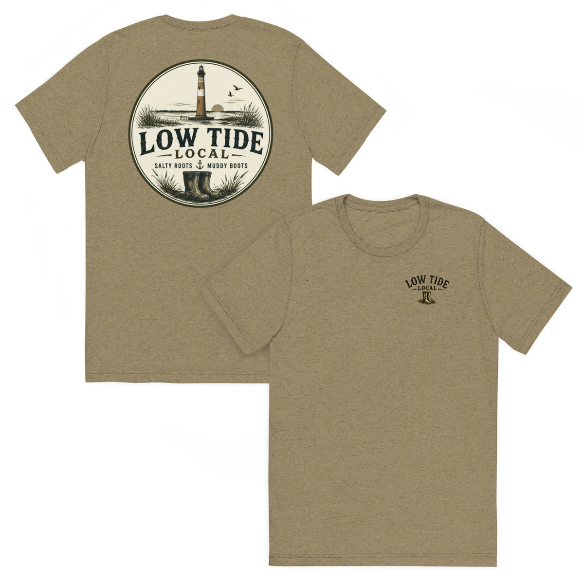 Morris Island Lighthouse Tee in Olive triblend — front and back view
