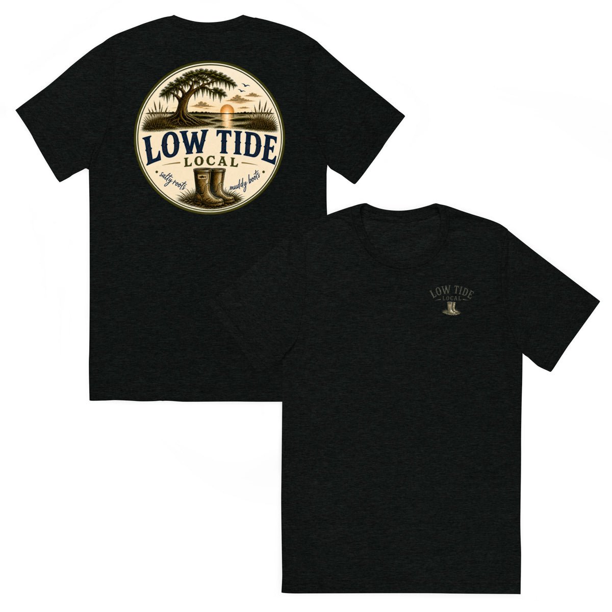 Low Tide Local Live Oak Marsh Tee in Solid Black triblend — front and back view