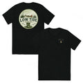 Low Tide Local Backcountry Red Tee in Solid Black triblend — front and back view