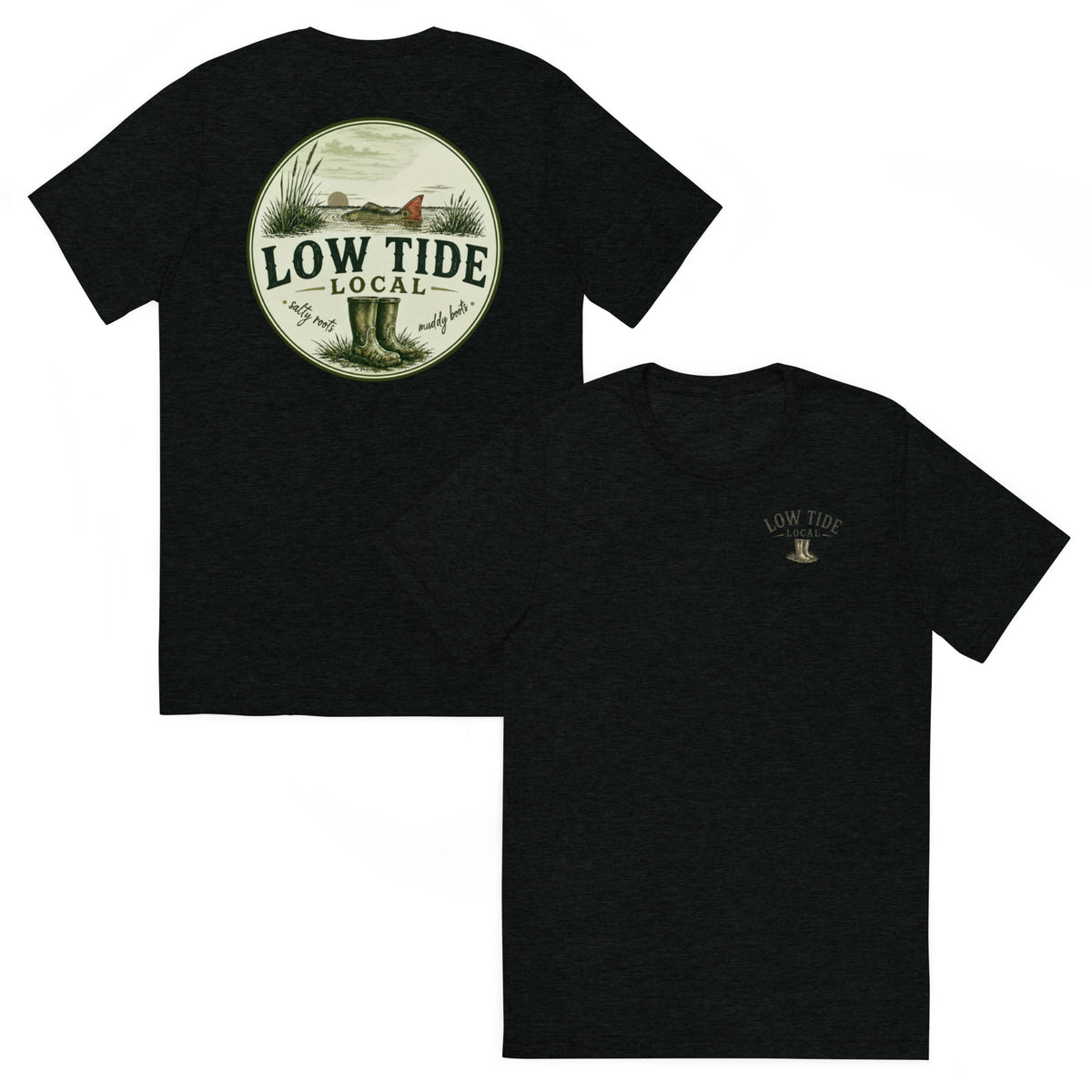 Low Tide Local Backcountry Red Tee in Solid Black triblend — front and back view