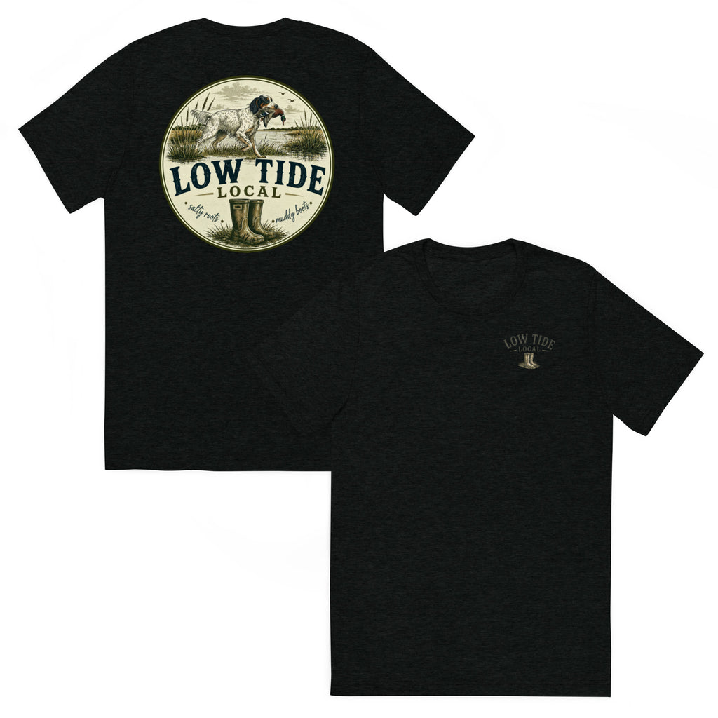 Low Tide Local English Setter Tee in Solid Black triblend — front and back view