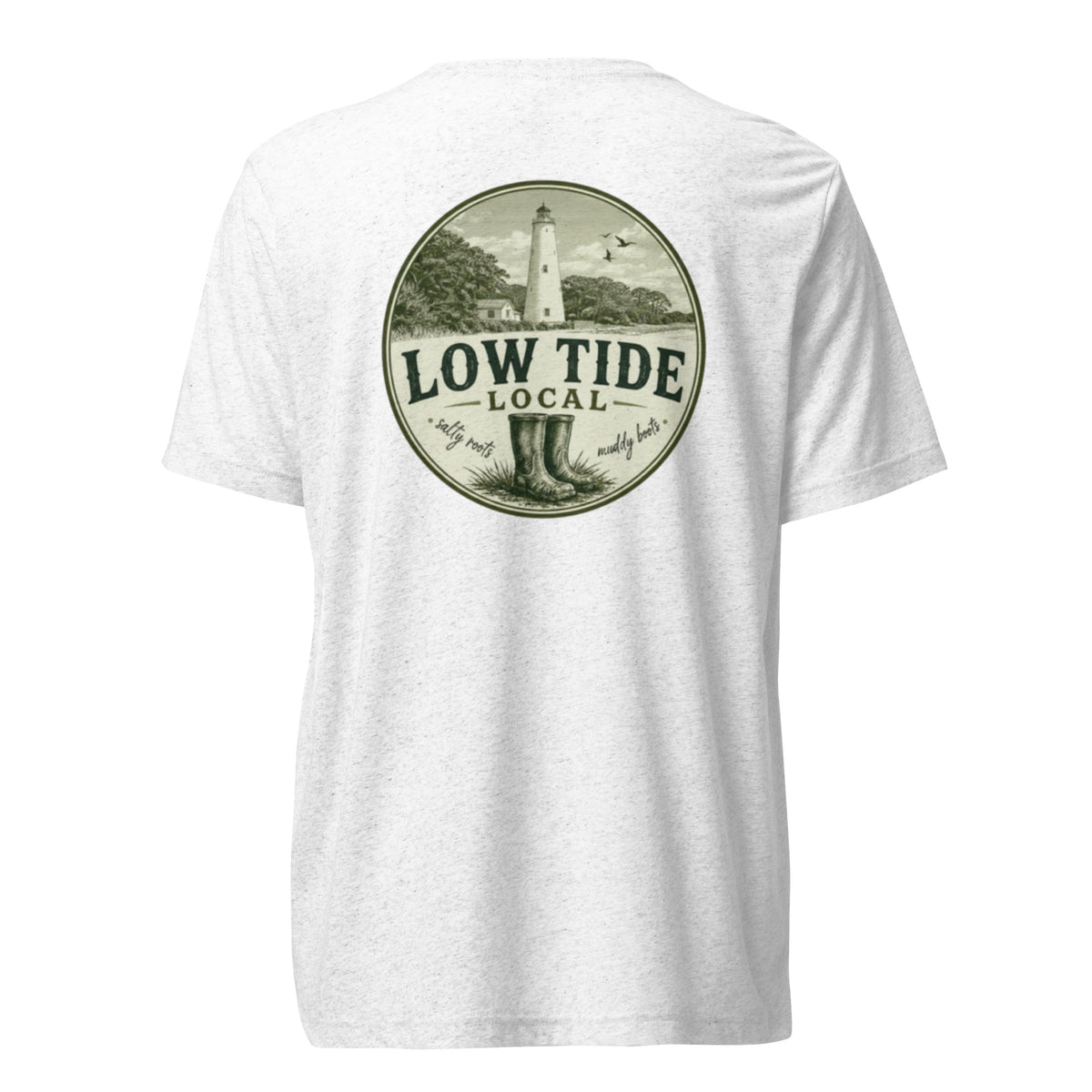 Ocracoke Lighthouse Tee in Solid White triblend — back view