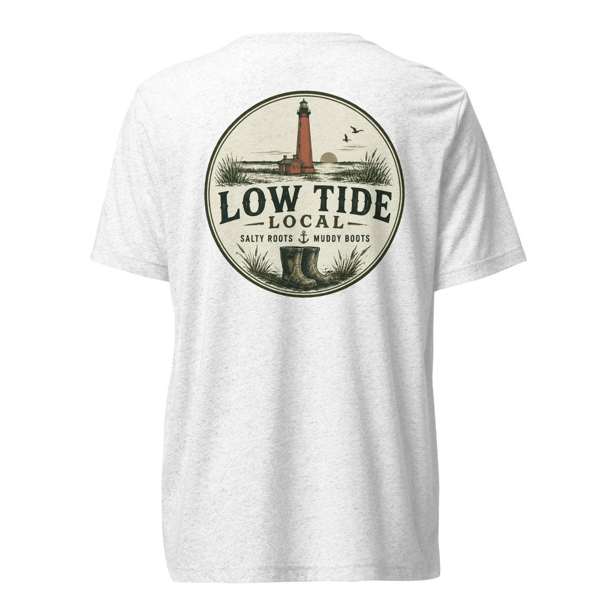 Currituck Beach Lighthouse Tee in Solid White triblend — back view